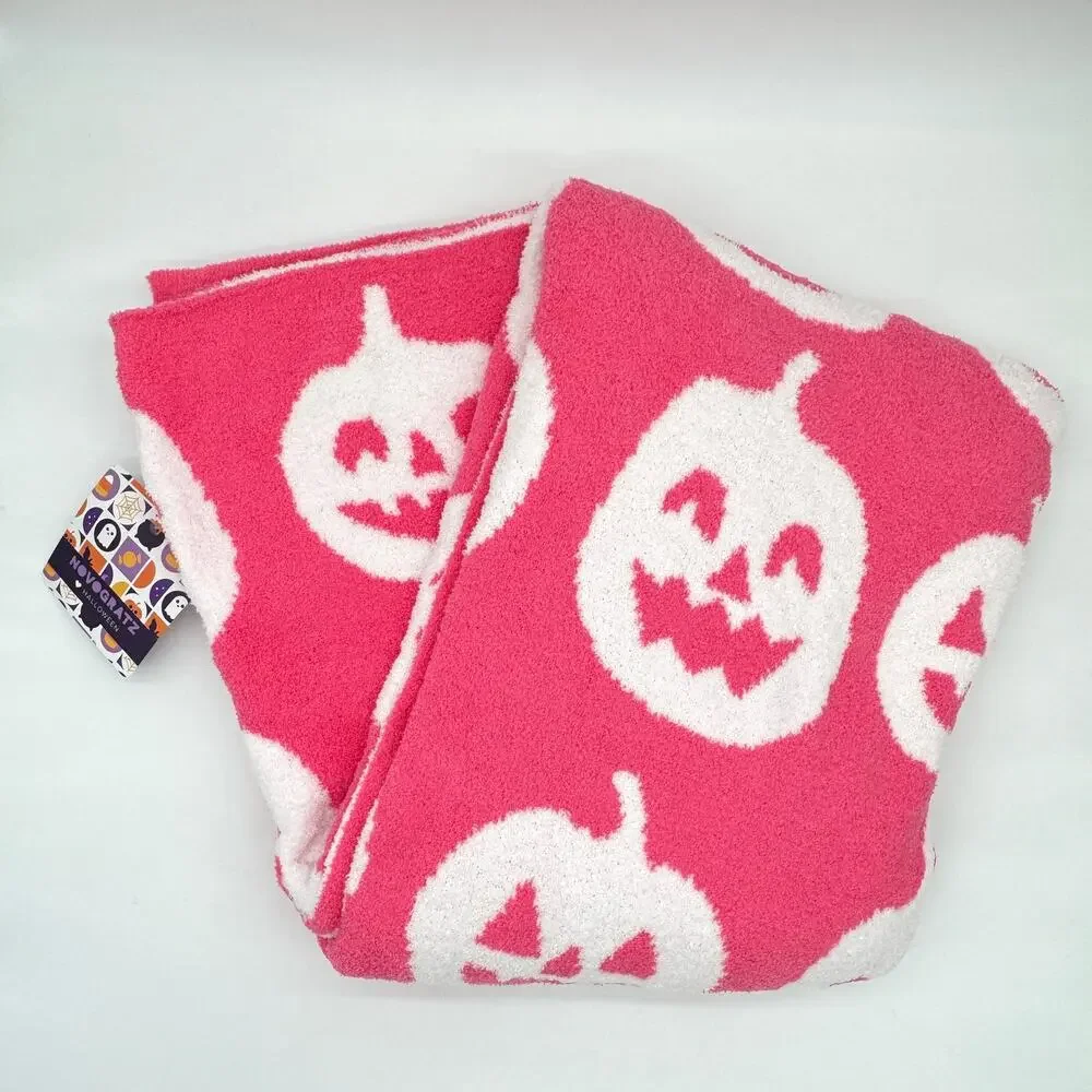 Novogratz Pink White Reversible Jack O Lantern Pumpkin Halloween Throw Blanket